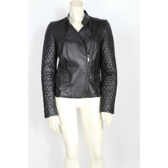 WORTH Black Quilted Leather Zipper Biker Jacket Size 2 - Picture 1 of 9